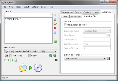 imgburn bootable disc option