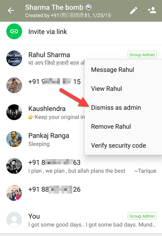 WhatsApp dismiss admin