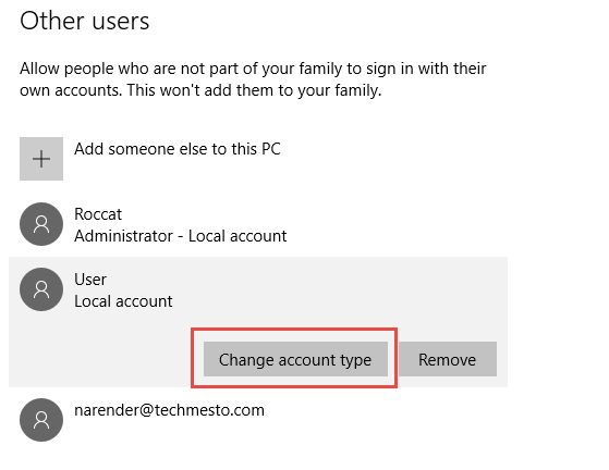Change account type win 10