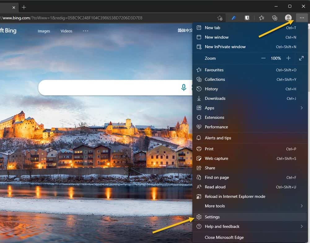 Microsoft Edge browser options menu