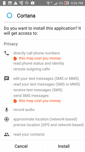 Cortana APK permissions