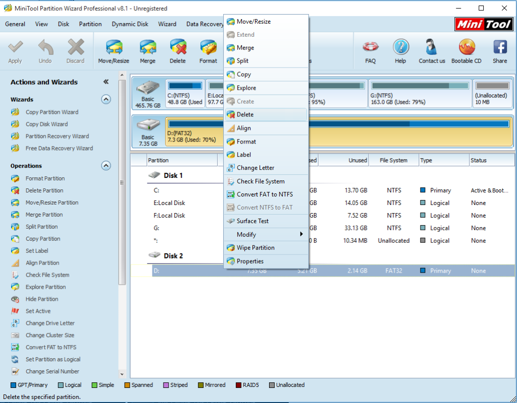 Delete Partition in MiniTools