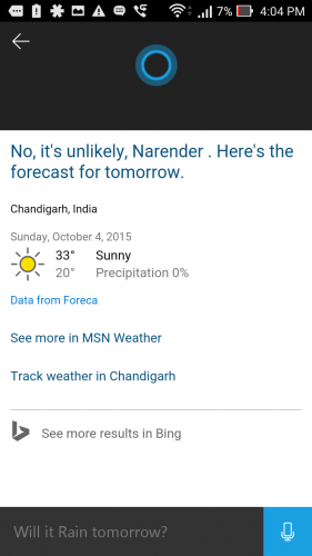 cortana will rain tomorrow