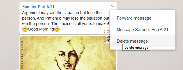 WhatsApp web delete message