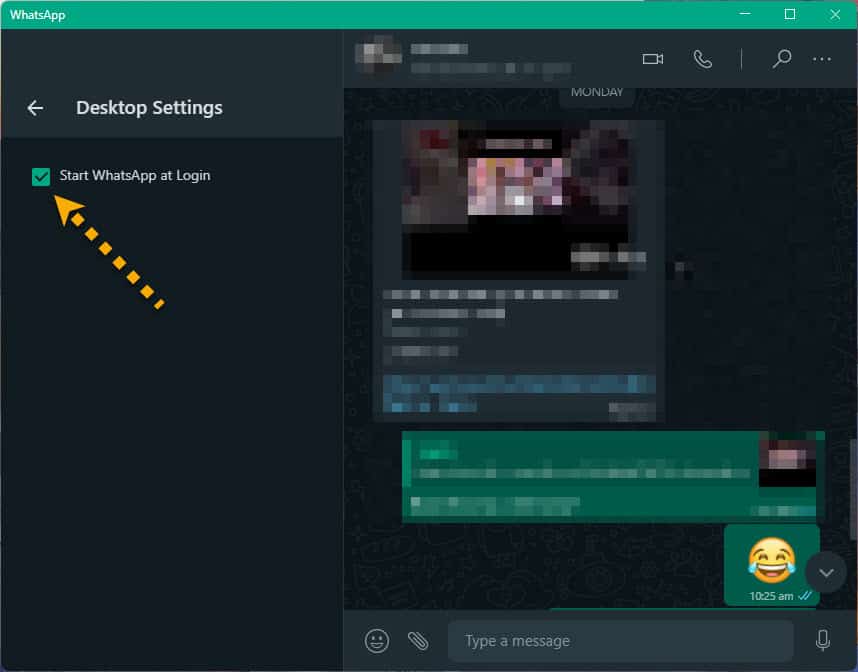 Enable the setting to auto-start whatsapp at windows login