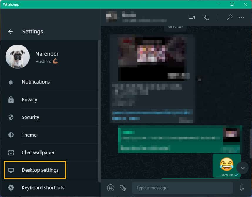 Open Desktop Settings sub-setting in WhatsApp Desktop settings