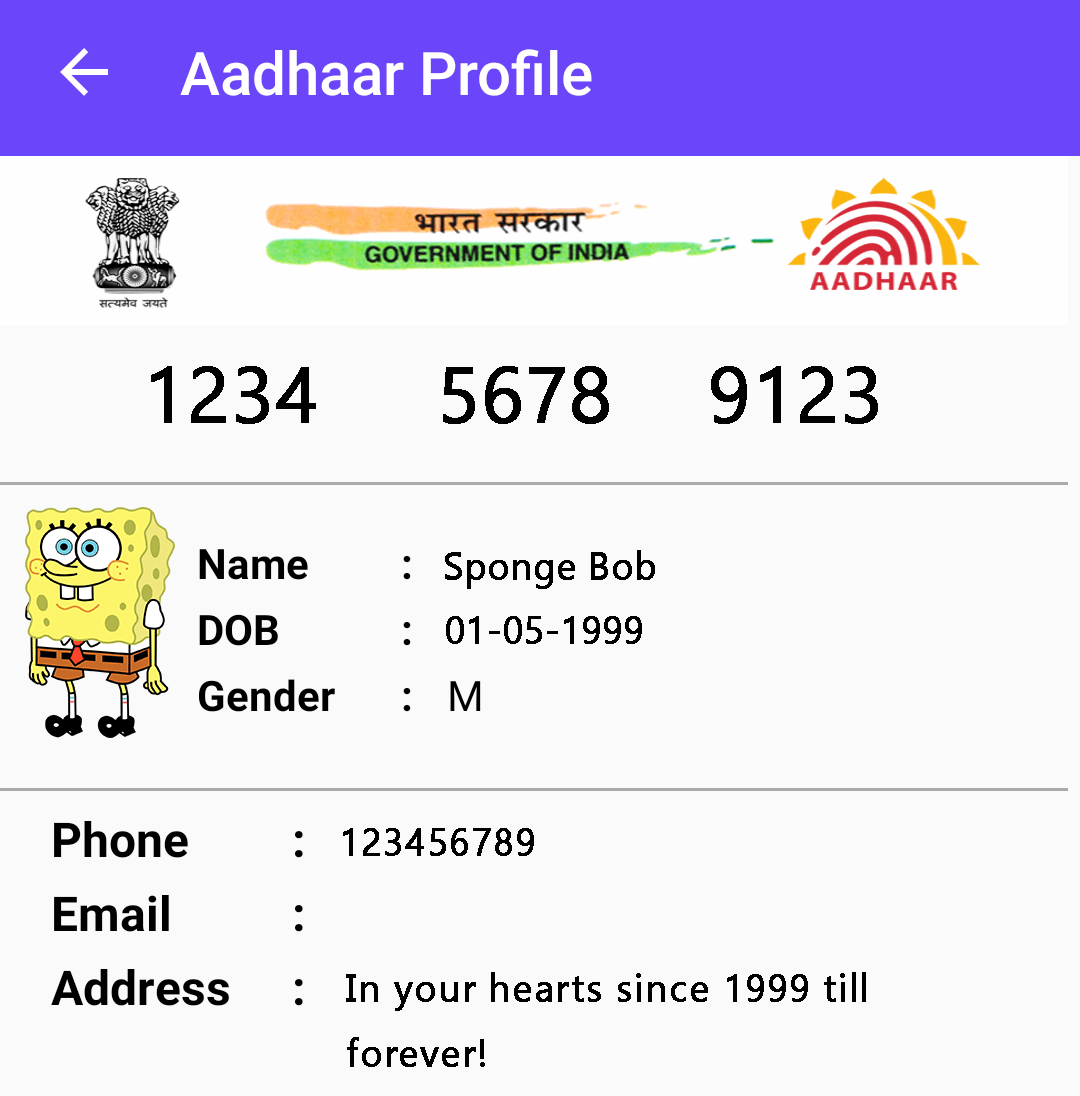 Sample Aadhar Mobiole Version