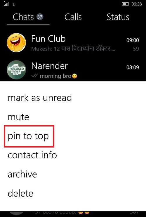 Pin WhatsApp Chat in Windows Phone