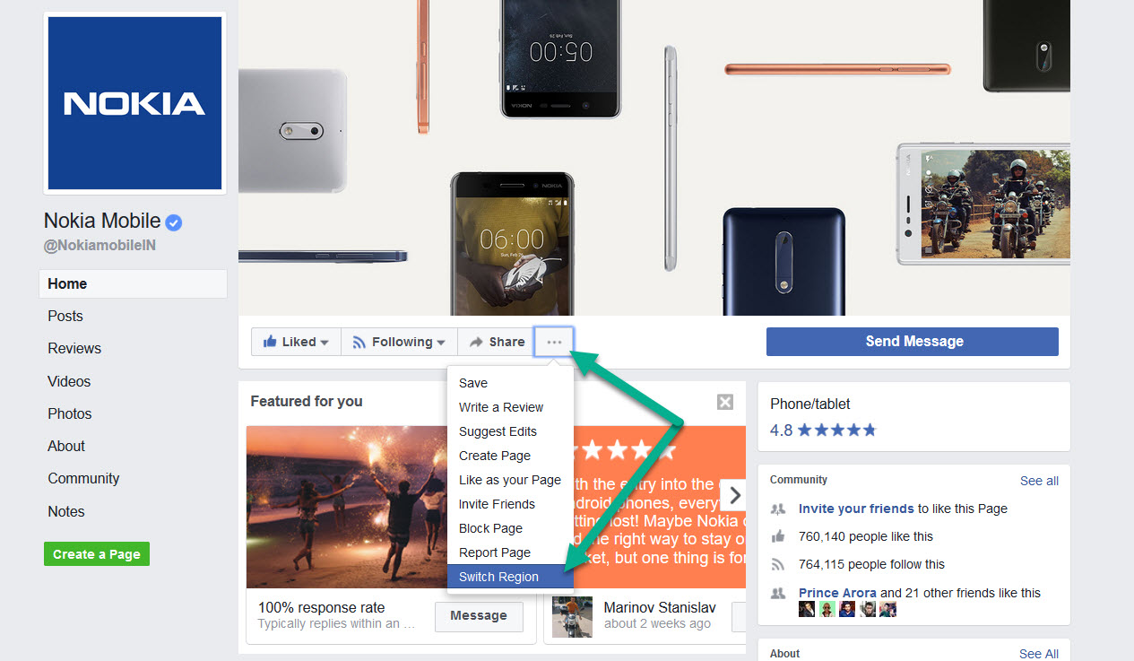 Switch region for a Facebook Page [Web version]