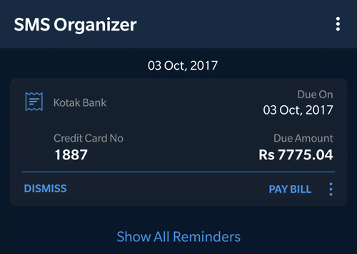 Reminders in SMS Organizer android app by Microsoft Garage
