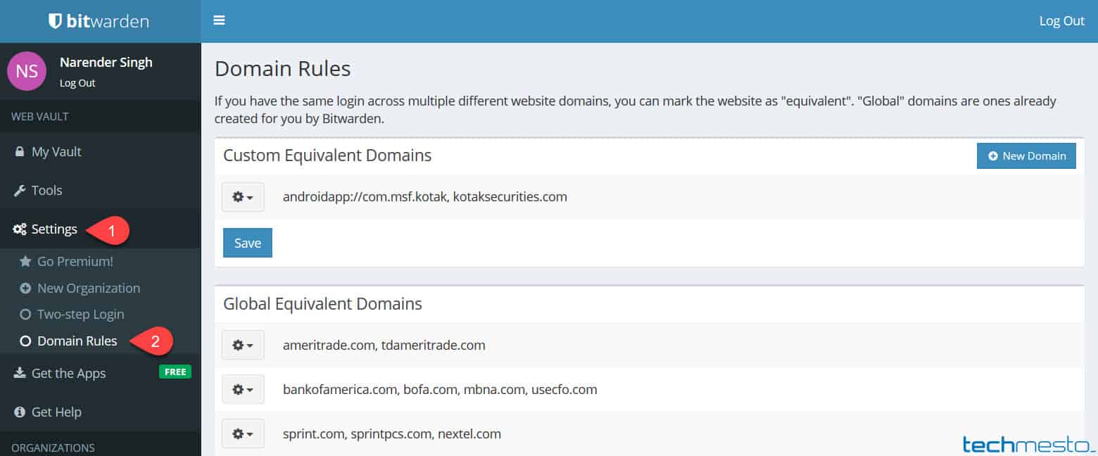 Domain Rules in Bitwarden to setup equivalent domains