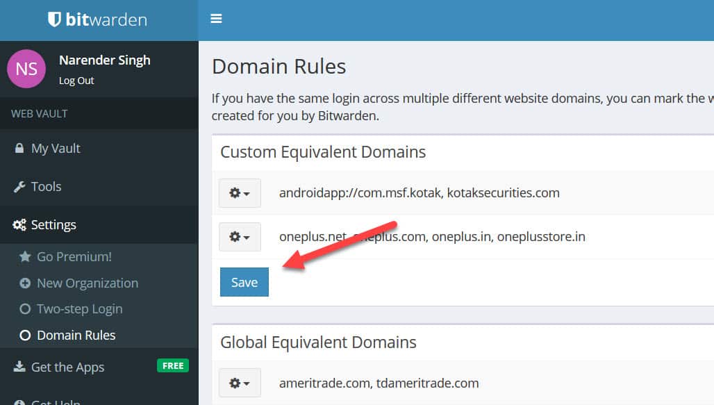 Bitwarden Equivalent Domains