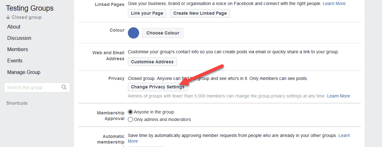 Facebook group settings