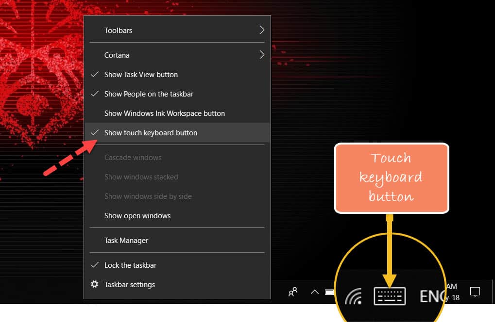 Touch Keyboard button in Windows 10