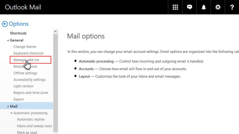 Mail options in Old Outlook.com