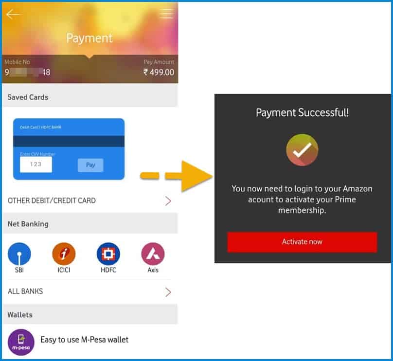 Complete payment of Rs. 499 for Amazon Prime Vodafone offer