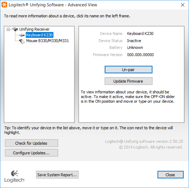 Unpair devices from the Logitech Unifying software