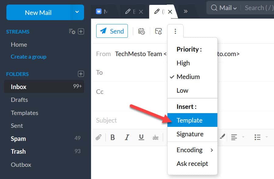 Insert saved templates in Zoho email draft