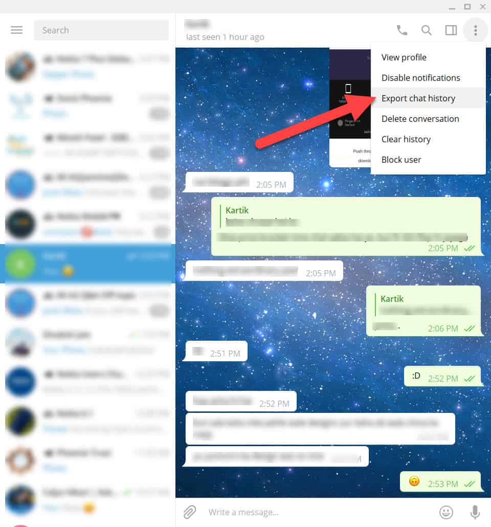 Telegram chat - Export chat history option