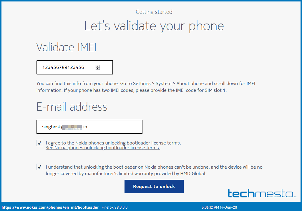 Validate device details to unlock the bootloader