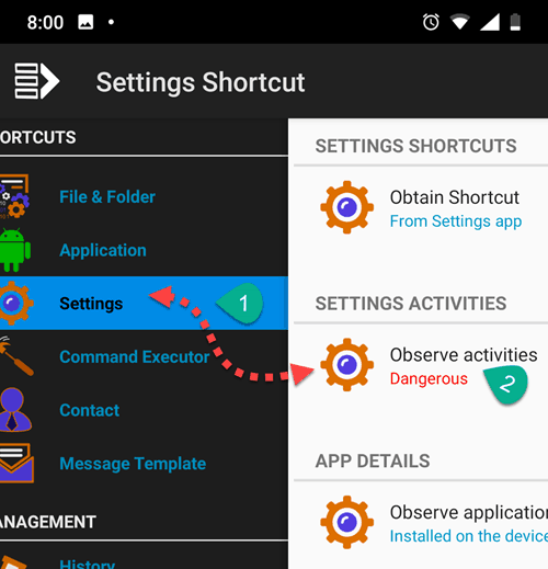 Launch settings activities using Shortcut Creator