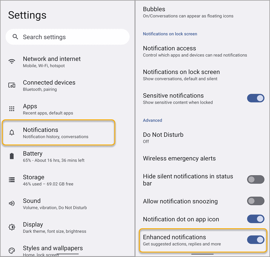Enable or disable ENhanced Notifications on Android 12 and 13