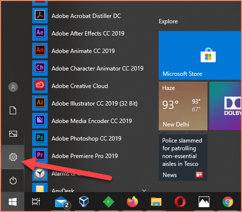Press the gear icon in start menu