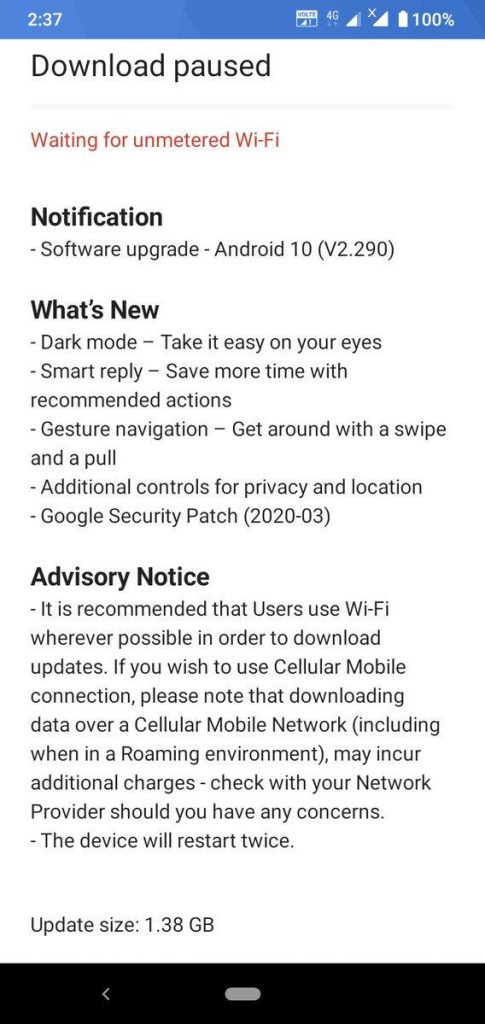 Nokia 4.2 Android 10 update notification & changelog