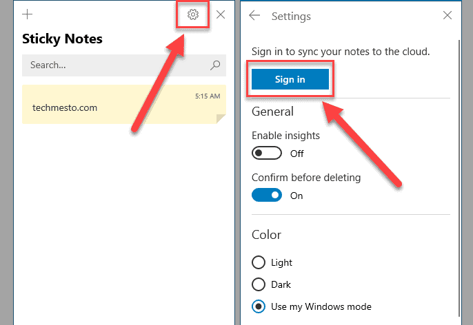 Sign-in to sticky notes app on Windows