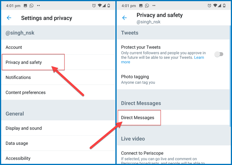 Twitter settings on Android app
