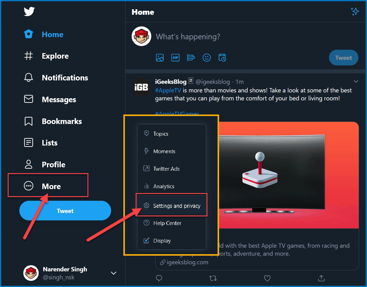 Open Settings in Twitter website