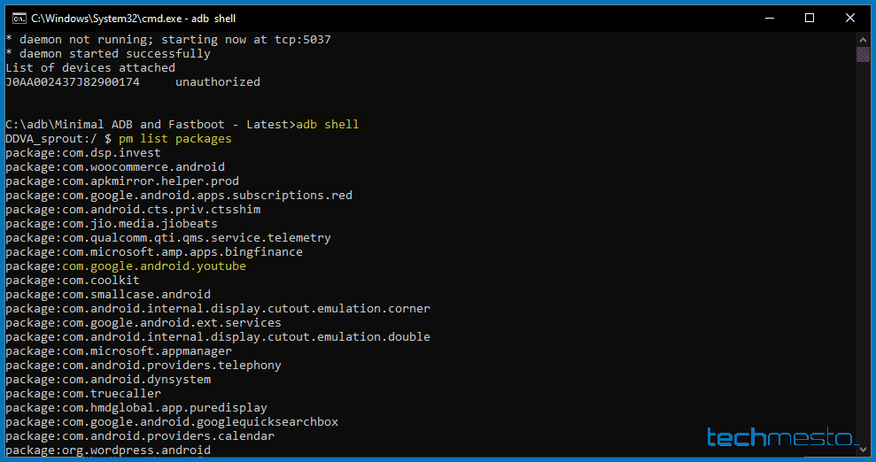 List installed Android app packages using ADB