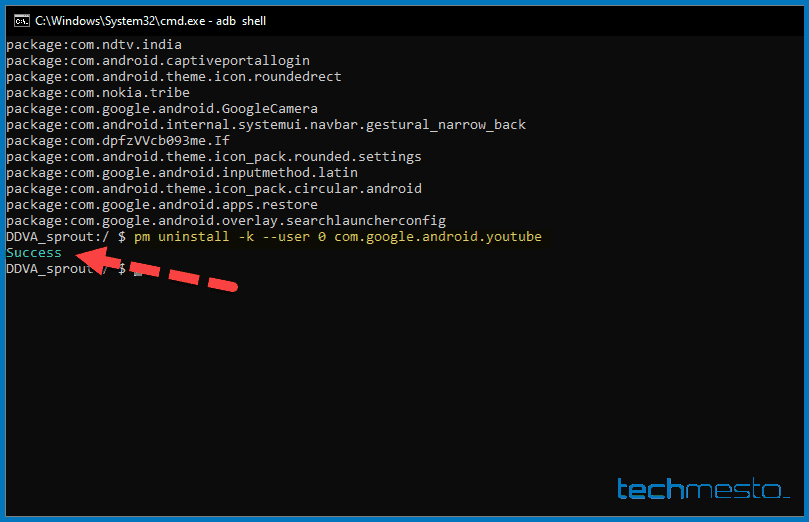Uninstall package using adb