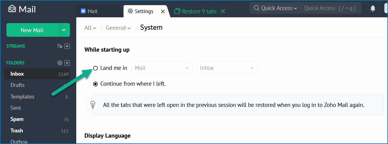 While starting up setting for Zoho Mail