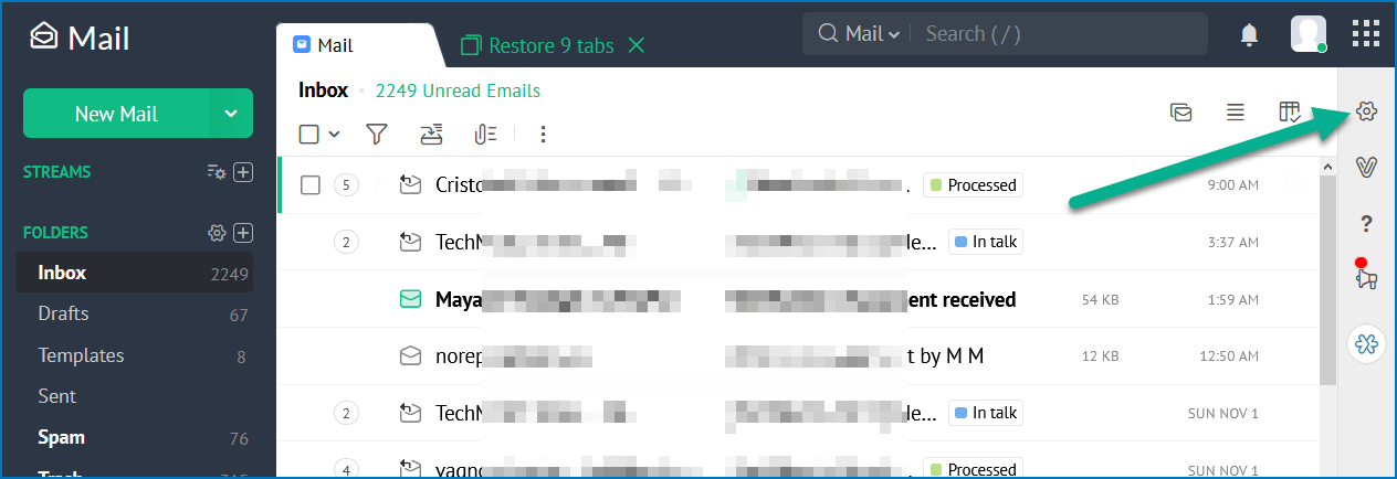 Gear icon in Zoho Mail to open Settings
