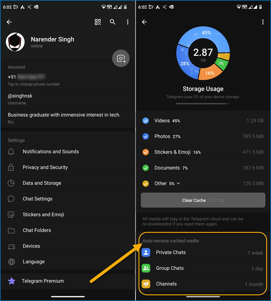 Manage the cached media files on Telegram