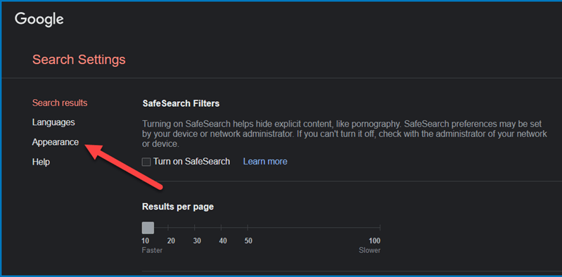 Google search settings webpage