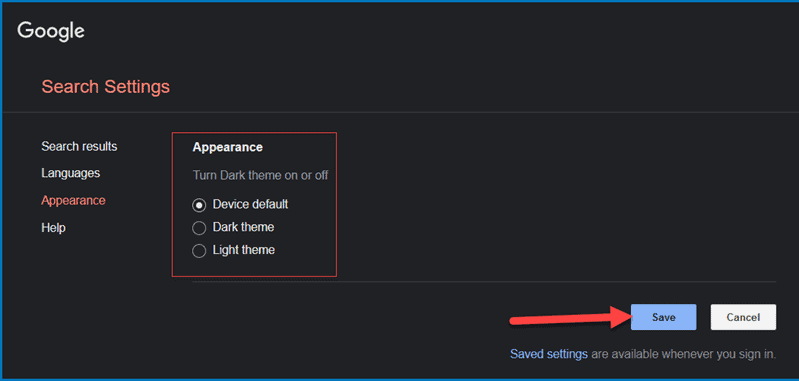 Google search appearance settings - change theme