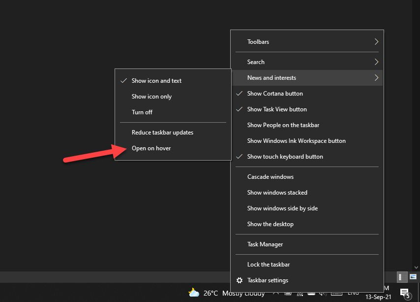 News and interests Open on hover settings