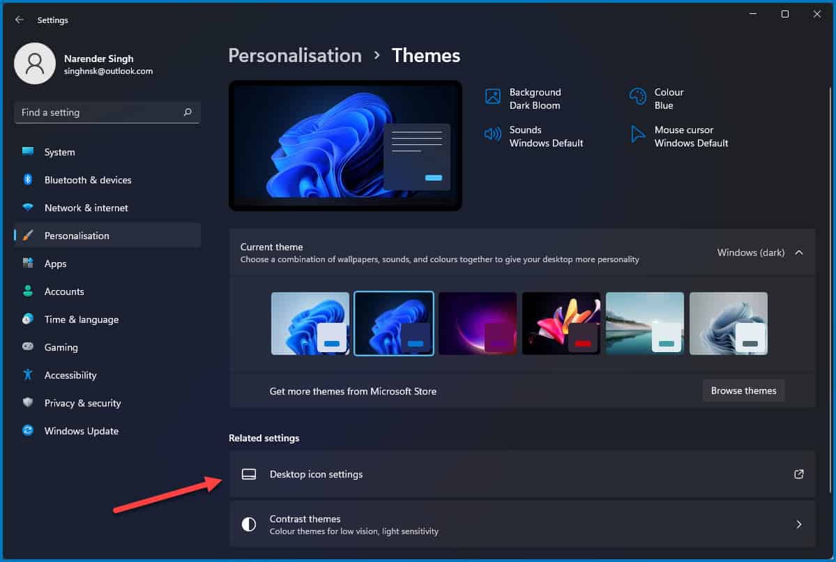 Windows 11 Themes setting to change Desktop Icons settings