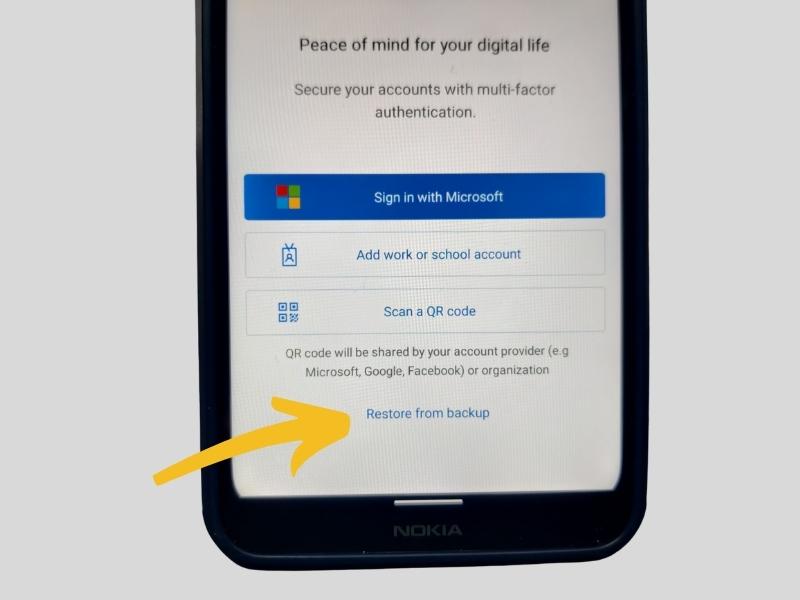 Restore backup option in Microsoft authenticator