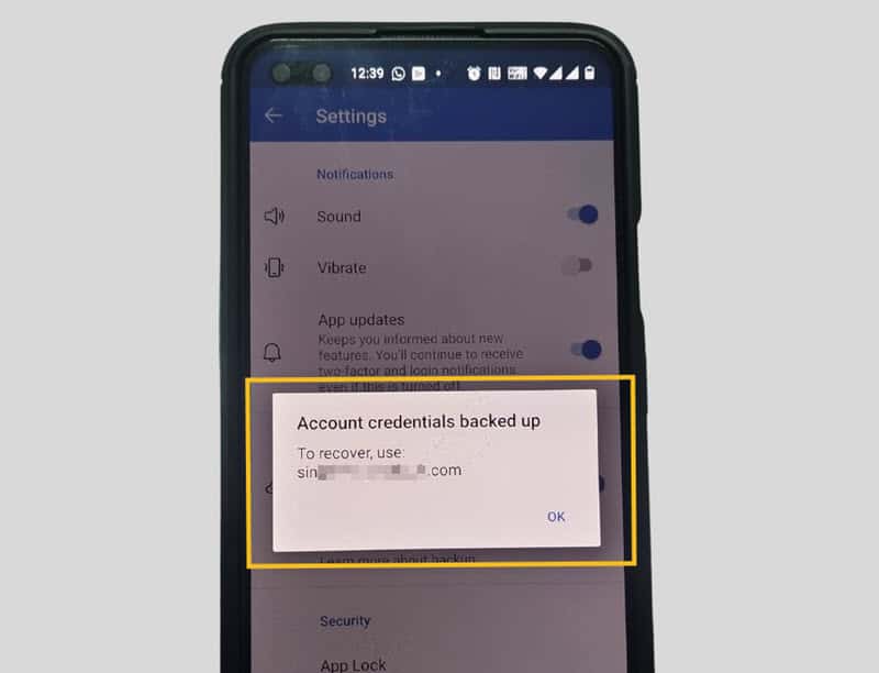 Microsoft Authenticator cloud backup is enabled