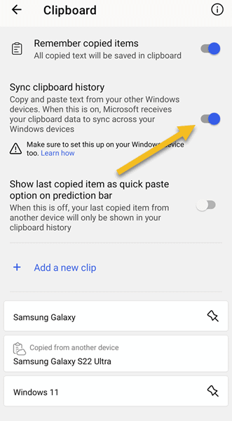 SwiftKey Clipboard Settings to enable Sync