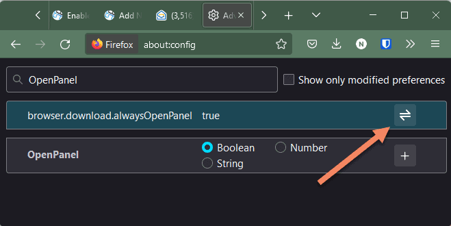 Firefox alwaysOpenPanel preference to disable download panle from showing up