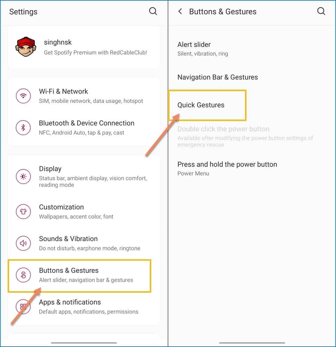 Buttons and Gestures setting in OnePlus