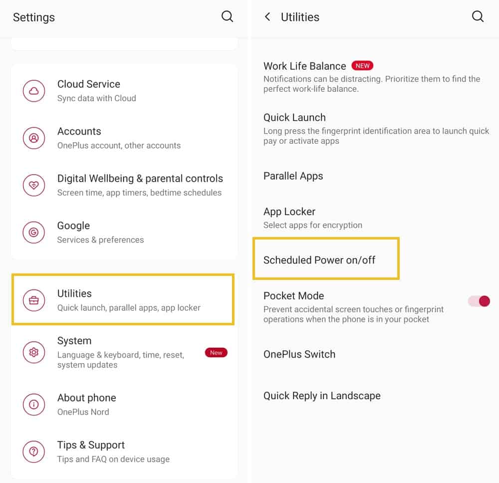 OnePlus Utility settings