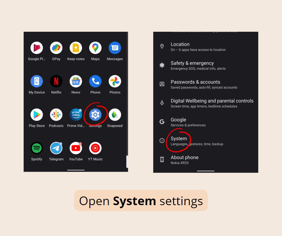 Open System settings on the Nokia phone
