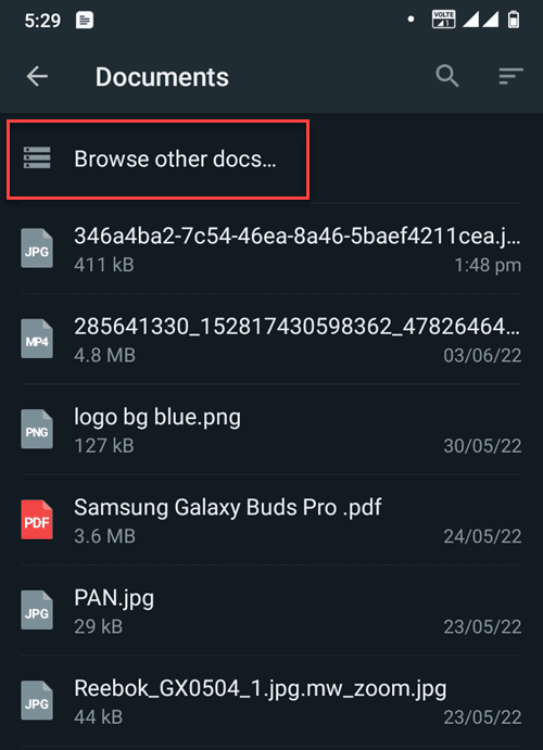 Browse other files to attach photos as documents on WhatsApp