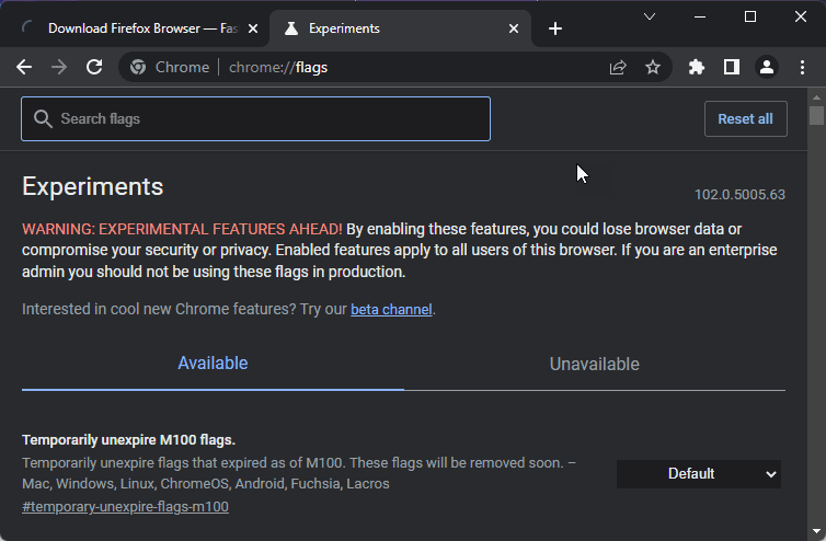 Open Chrome Experimental features option in Google Chrome