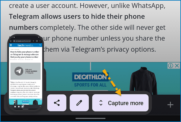 Press the Capture More button to take longer screenshot
